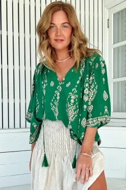 Rue Top - V Neck Smock Top with Crochet Trim in Kiva Print><noscript><img width=