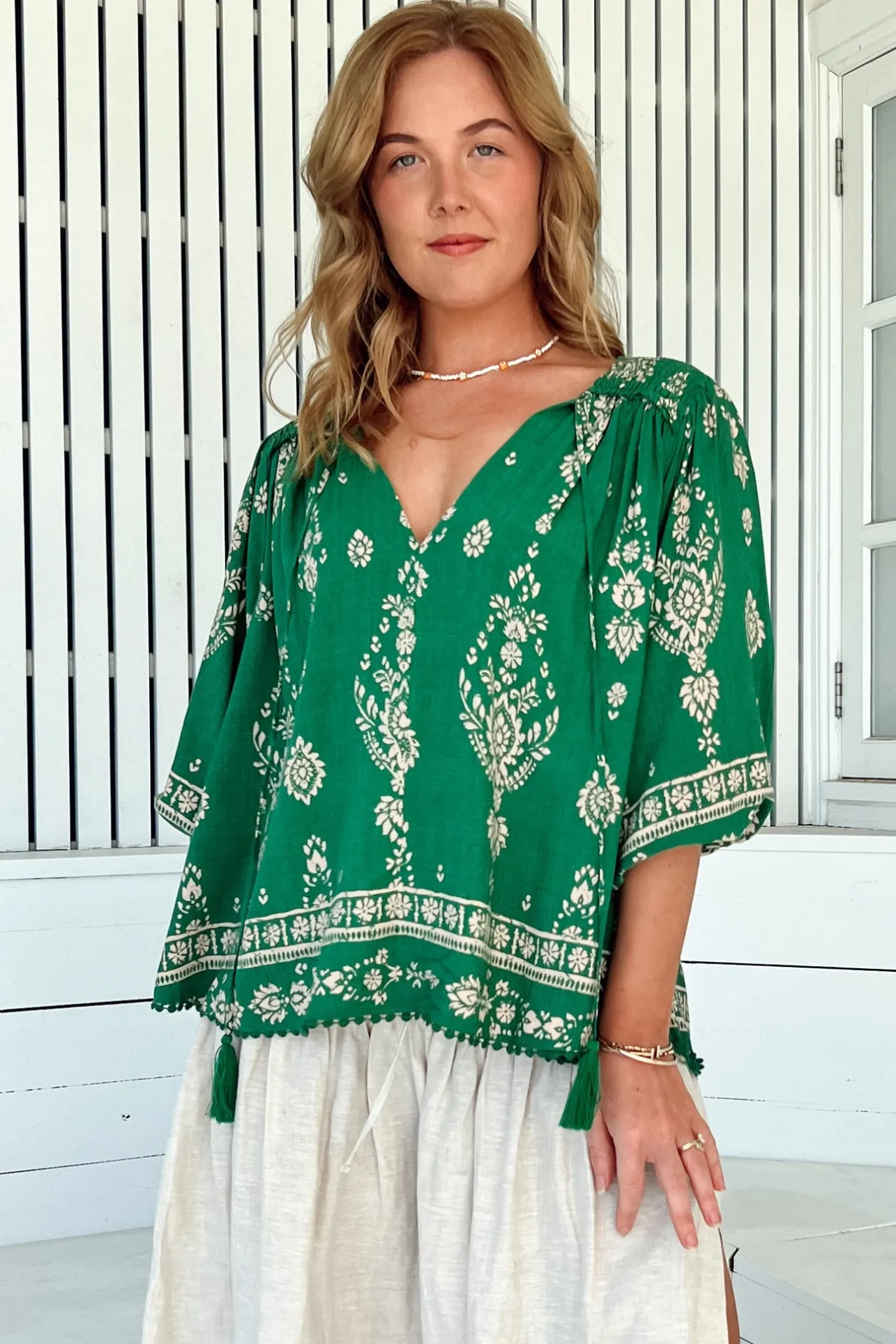 Rue Top - V Neck Smock Top with Crochet Trim in Kiva Print>Jaase
