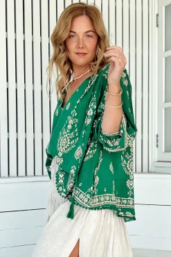 Rue Top - V Neck Smock Top with Crochet Trim in Kiva Print><noscript><img width=
