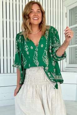Rue Top - V Neck Smock Top with Crochet Trim in Kiva Print><noscript><img width=