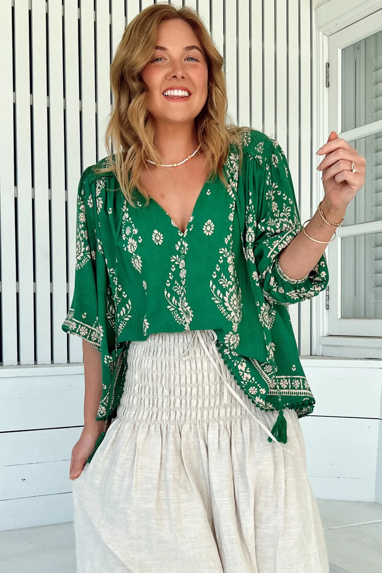 Rue Top - V Neck Smock Top with Crochet Trim in Kiva Print>Jaase