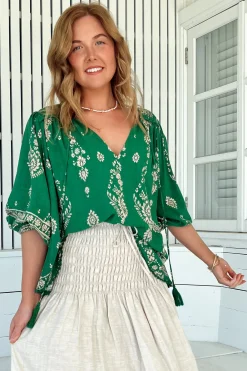 Rue Top - V Neck Smock Top with Crochet Trim in Kiva Print><noscript><img width=