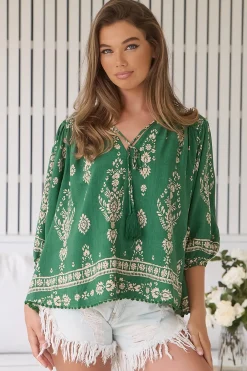 Rue Top - V Neck Smock Top with Crochet Trim in Kiva Print><noscript><img width=