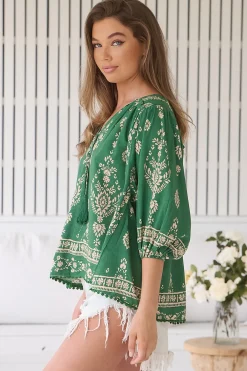 Rue Top - V Neck Smock Top with Crochet Trim in Kiva Print><noscript><img width=