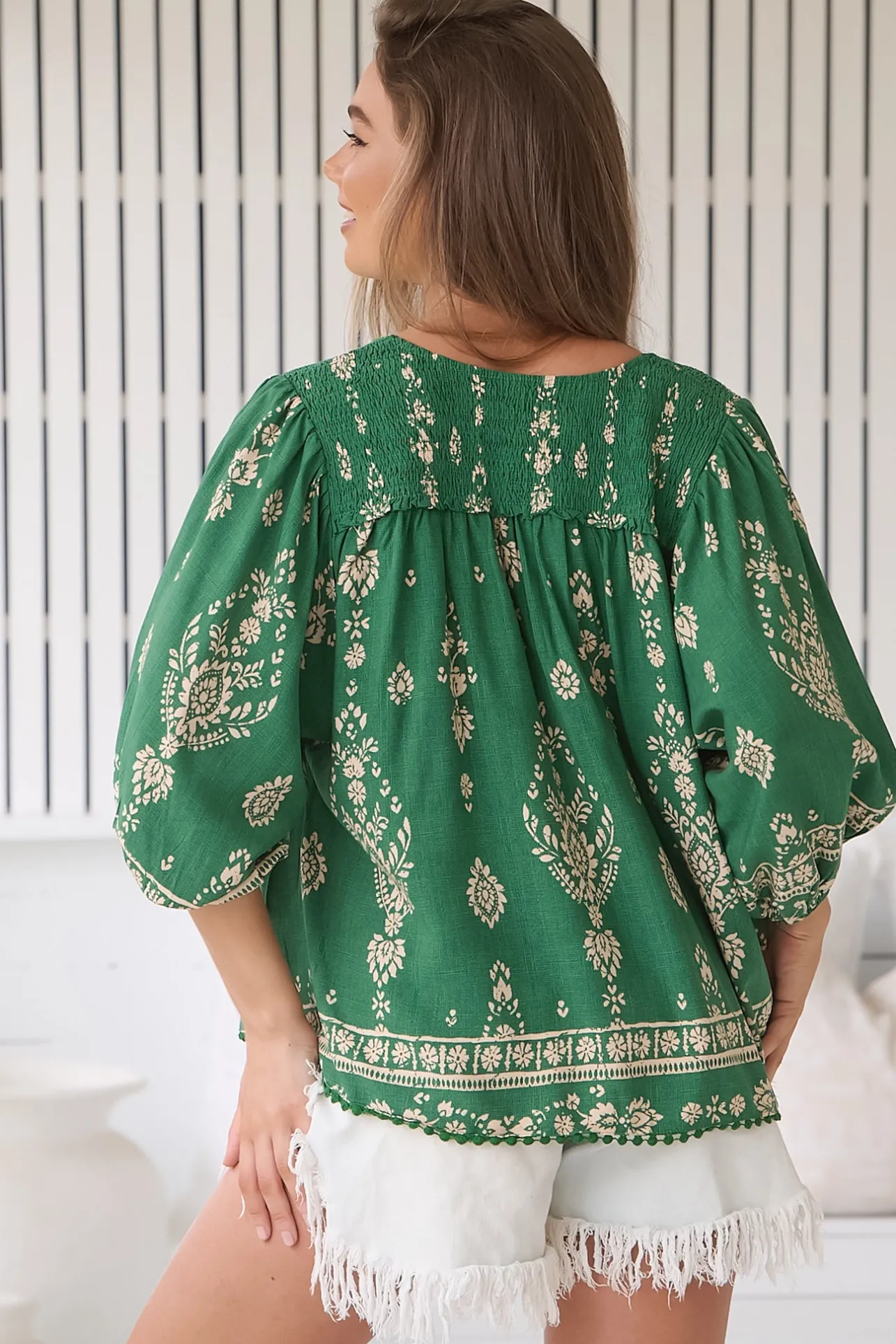 Rue Top - V Neck Smock Top with Crochet Trim in Kiva Print>Jaase