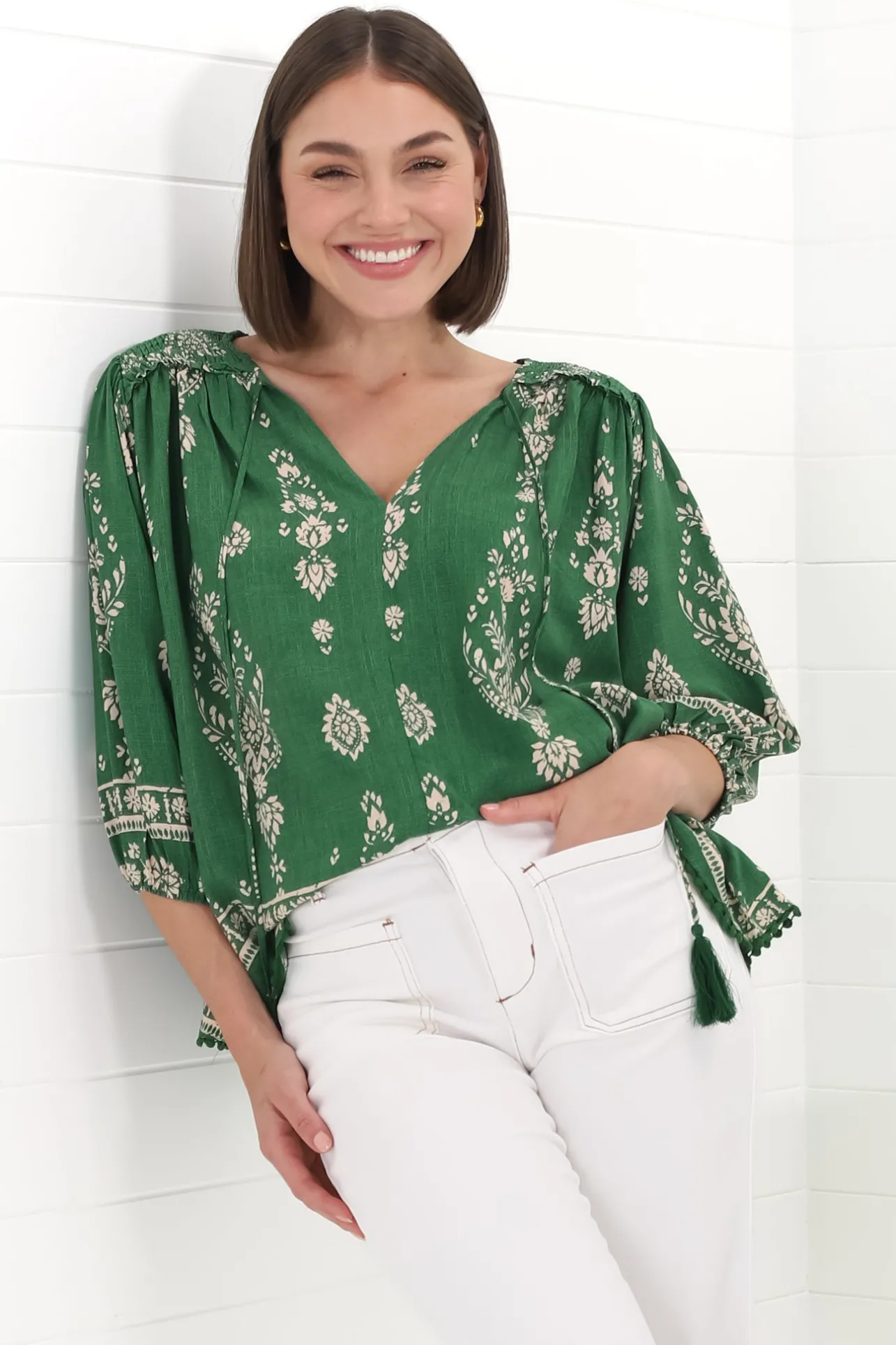 Rue Top - V Neck Smock Top with Crochet Trim in Kiva Print>Jaase