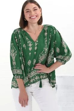 Rue Top - V Neck Smock Top with Crochet Trim in Kiva Print><noscript><img width=