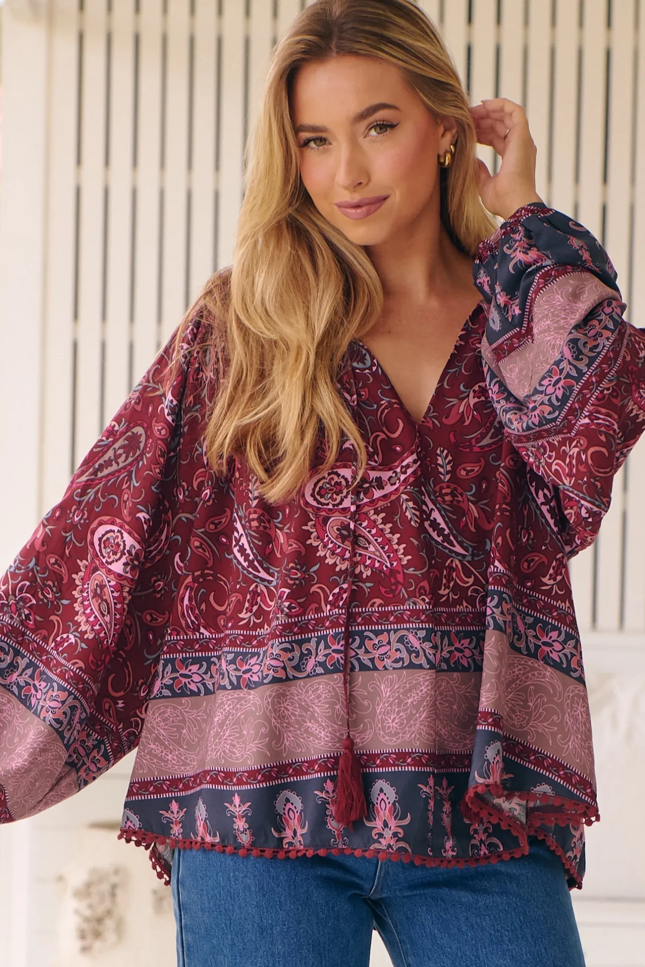 Rue Top - V Neck Smock Top with Crochet Trim in Sadie Print>Jaase New