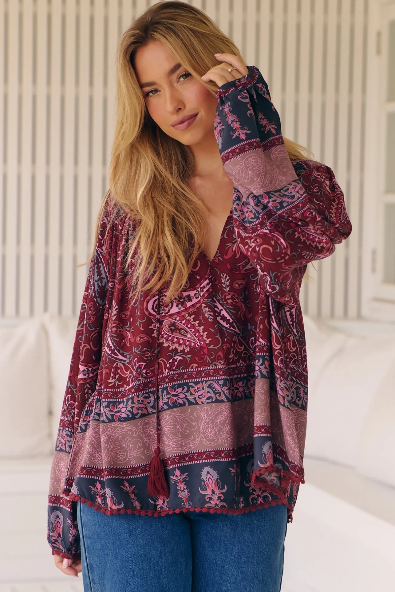 Rue Top - V Neck Smock Top with Crochet Trim in Sadie Print>Jaase New