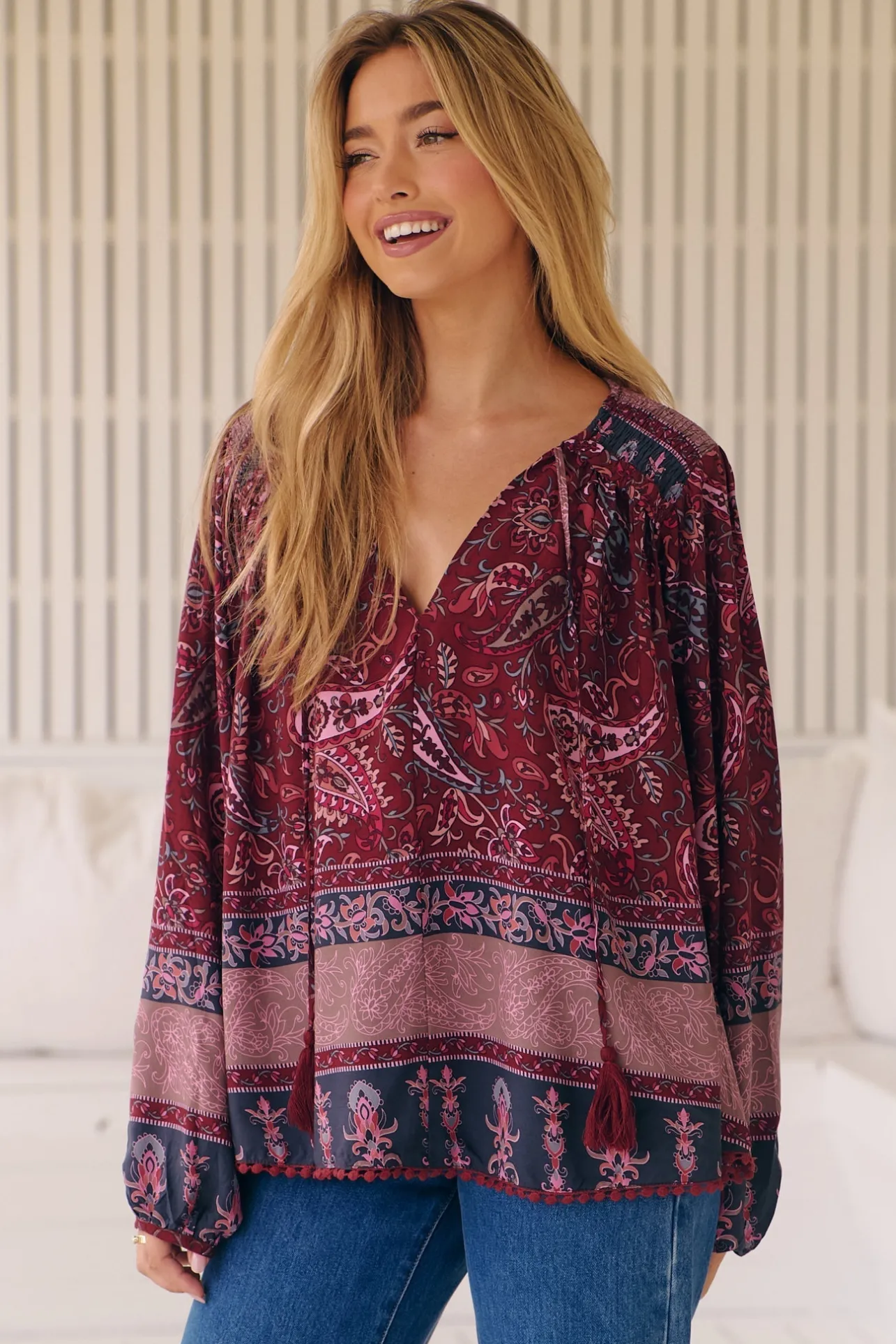 Rue Top - V Neck Smock Top with Crochet Trim in Sadie Print>Jaase New