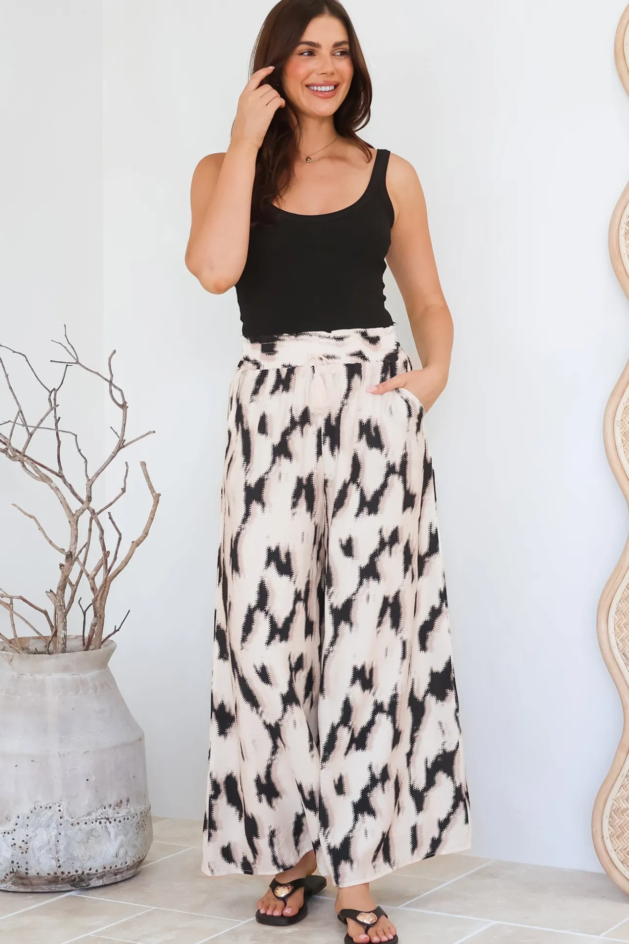 Rueben Pants - High Waisted Lined Wide Leg Pants with Pockets in Whisper Print>Salty Crush Discount