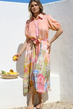 Ruva Midi Dress - Collared Shirt Dress with Short Balloon Sleeves in Tullia Print><noscript><img width=