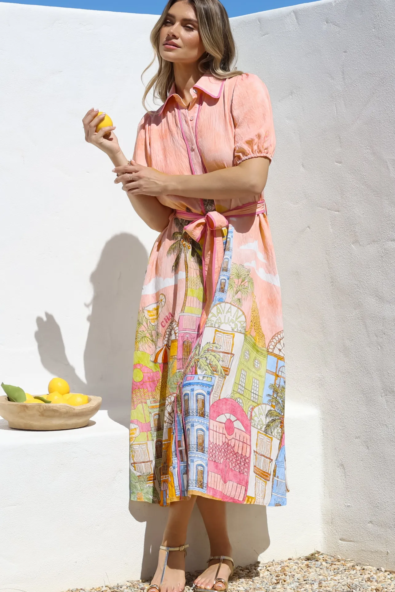 Ruva Midi Dress - Collared Shirt Dress with Short Balloon Sleeves in Tullia Print>Salty Crush Outlet