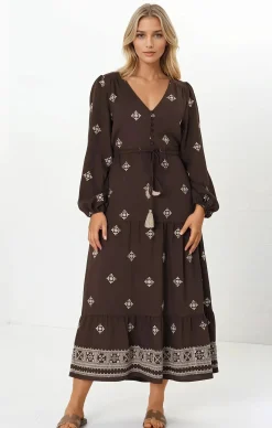 Rylie Maxi Dress - Embroidered Long Sleeve Dress with Pull Tie Waist in Vesper Print Brown>Salty Crush Best