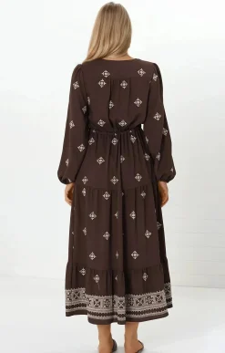 Rylie Maxi Dress - Embroidered Long Sleeve Dress with Pull Tie Waist in Vesper Print Brown><noscript><img width=