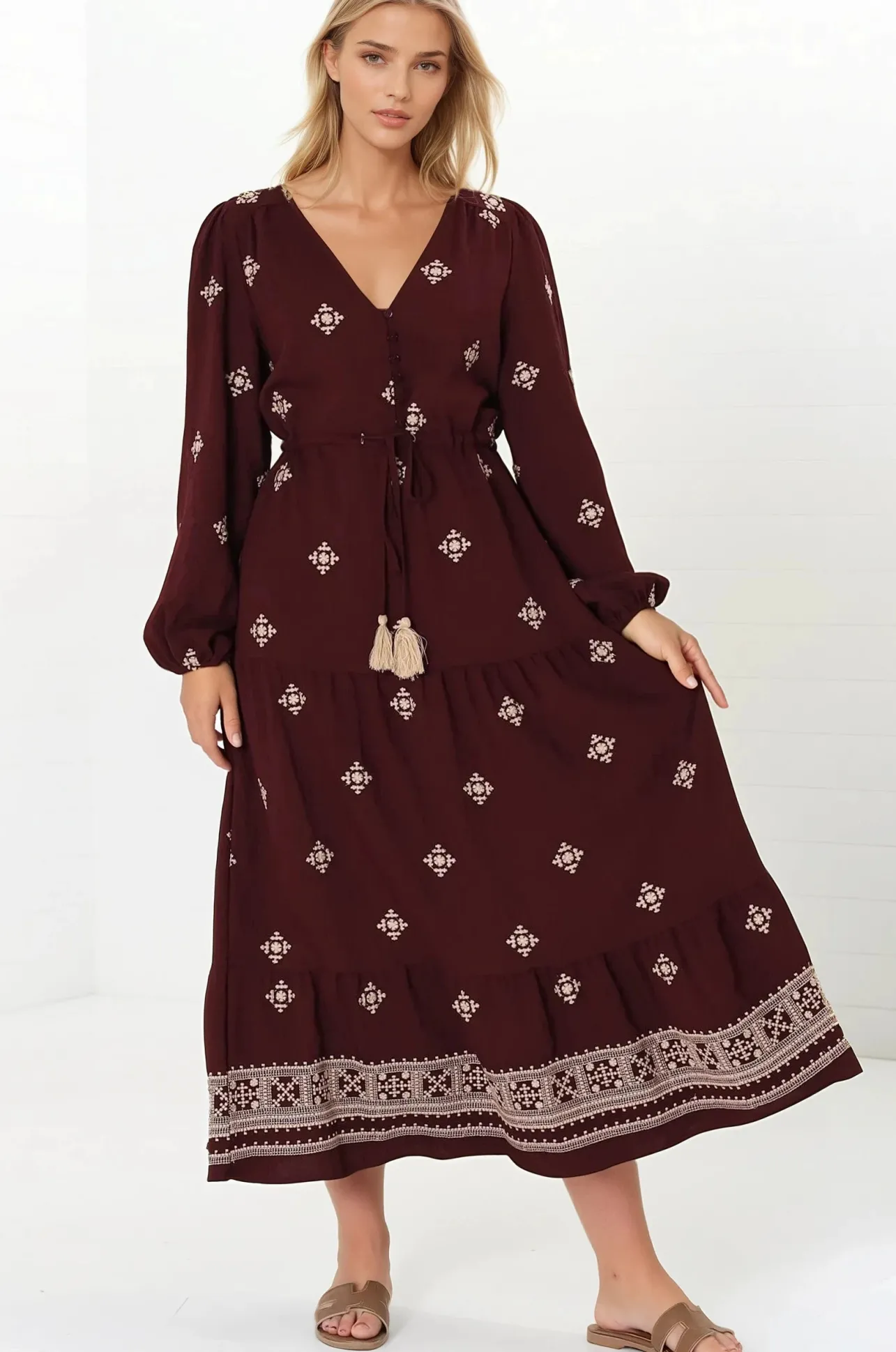 Rylie Maxi Dress - Embroidered Long Sleeve Dress with Pull Tie Waist in Vesper Print Wine>Salty Crush Hot