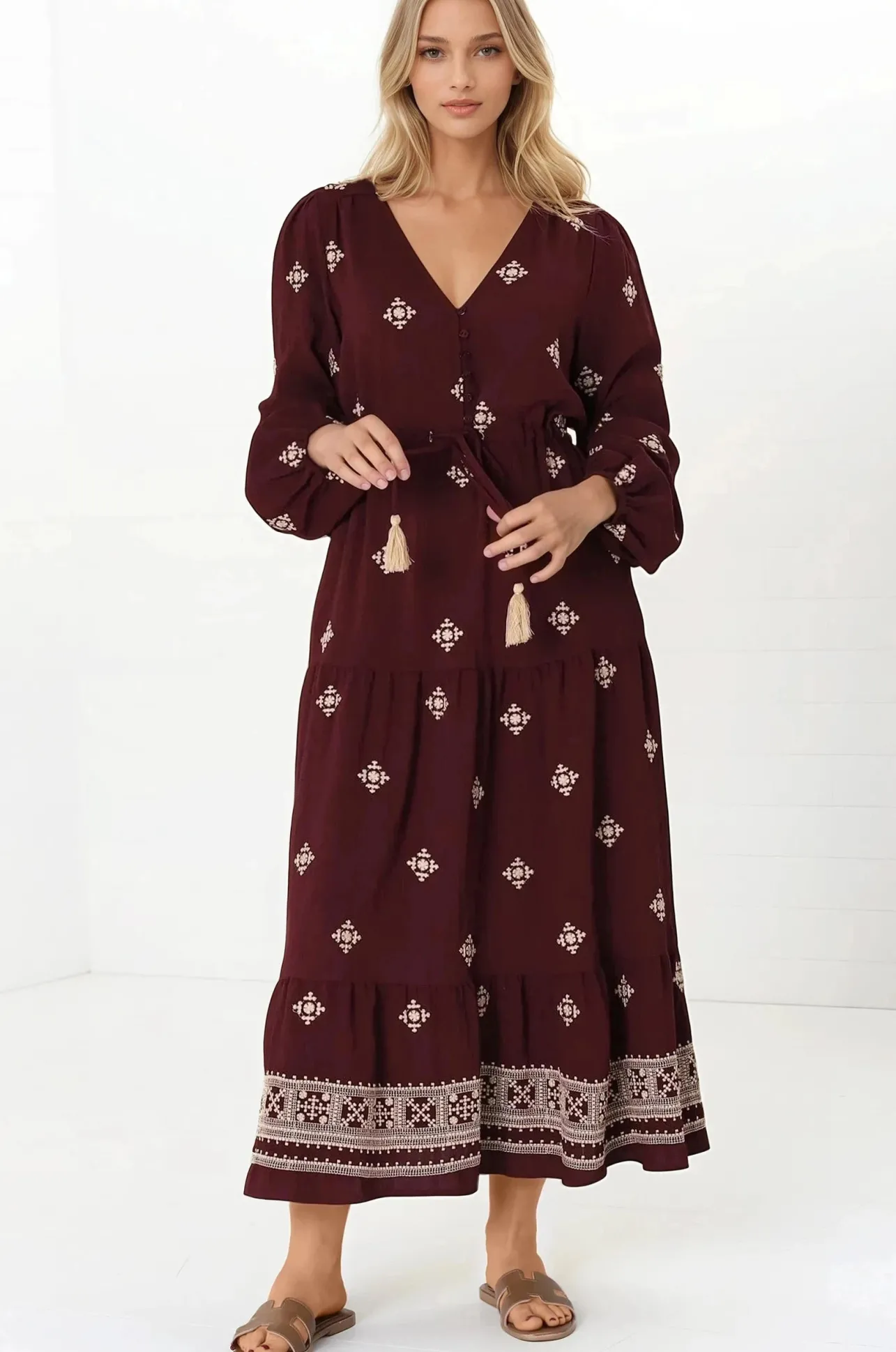 Rylie Maxi Dress - Embroidered Long Sleeve Dress with Pull Tie Waist in Vesper Print Wine>Salty Crush Hot