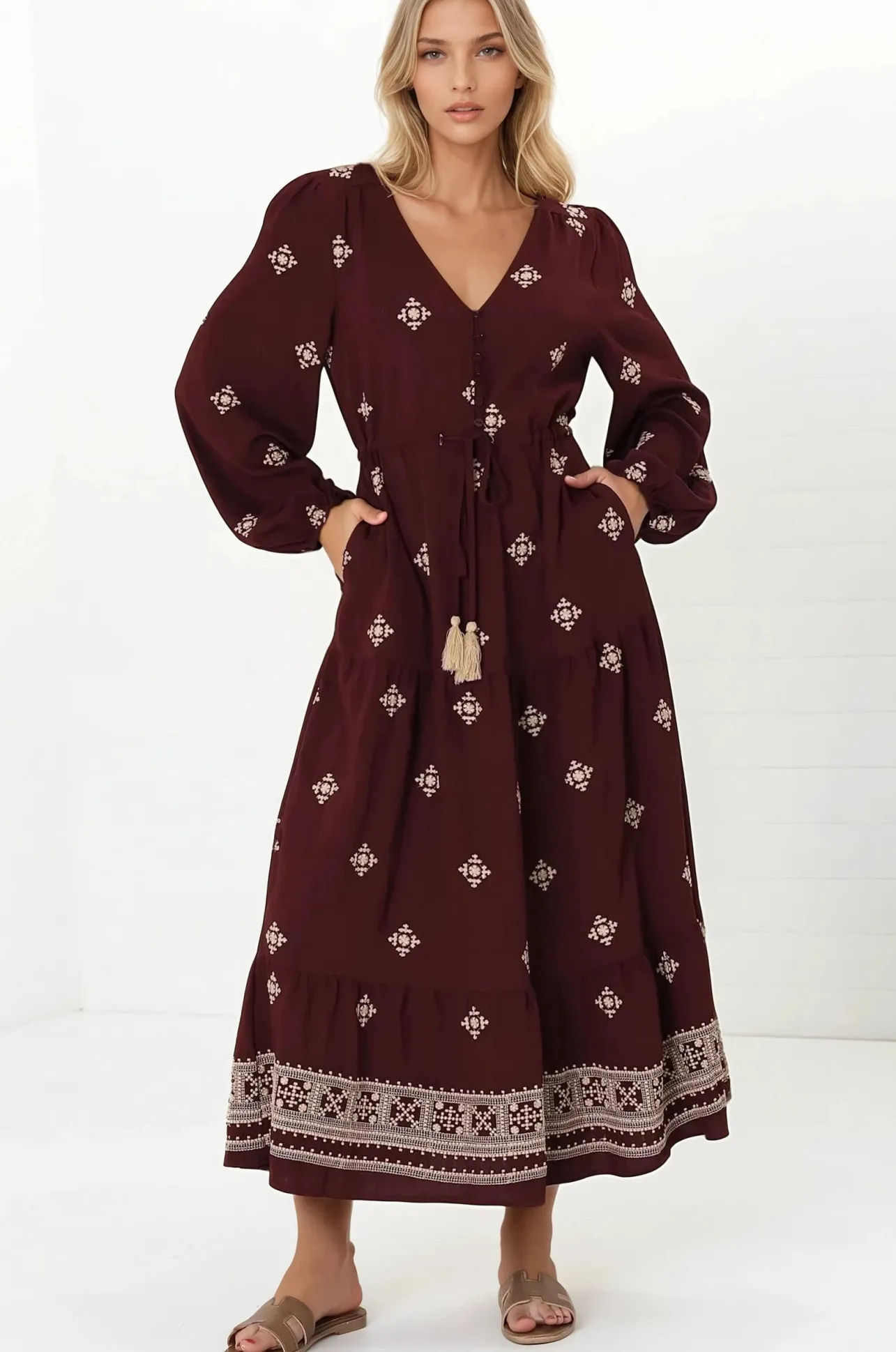 Rylie Maxi Dress - Embroidered Long Sleeve Dress with Pull Tie Waist in Vesper Print Wine>Salty Crush Hot