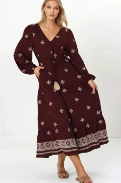 Rylie Maxi Dress - Embroidered Long Sleeve Dress with Pull Tie Waist in Vesper Print Wine><noscript><img width=