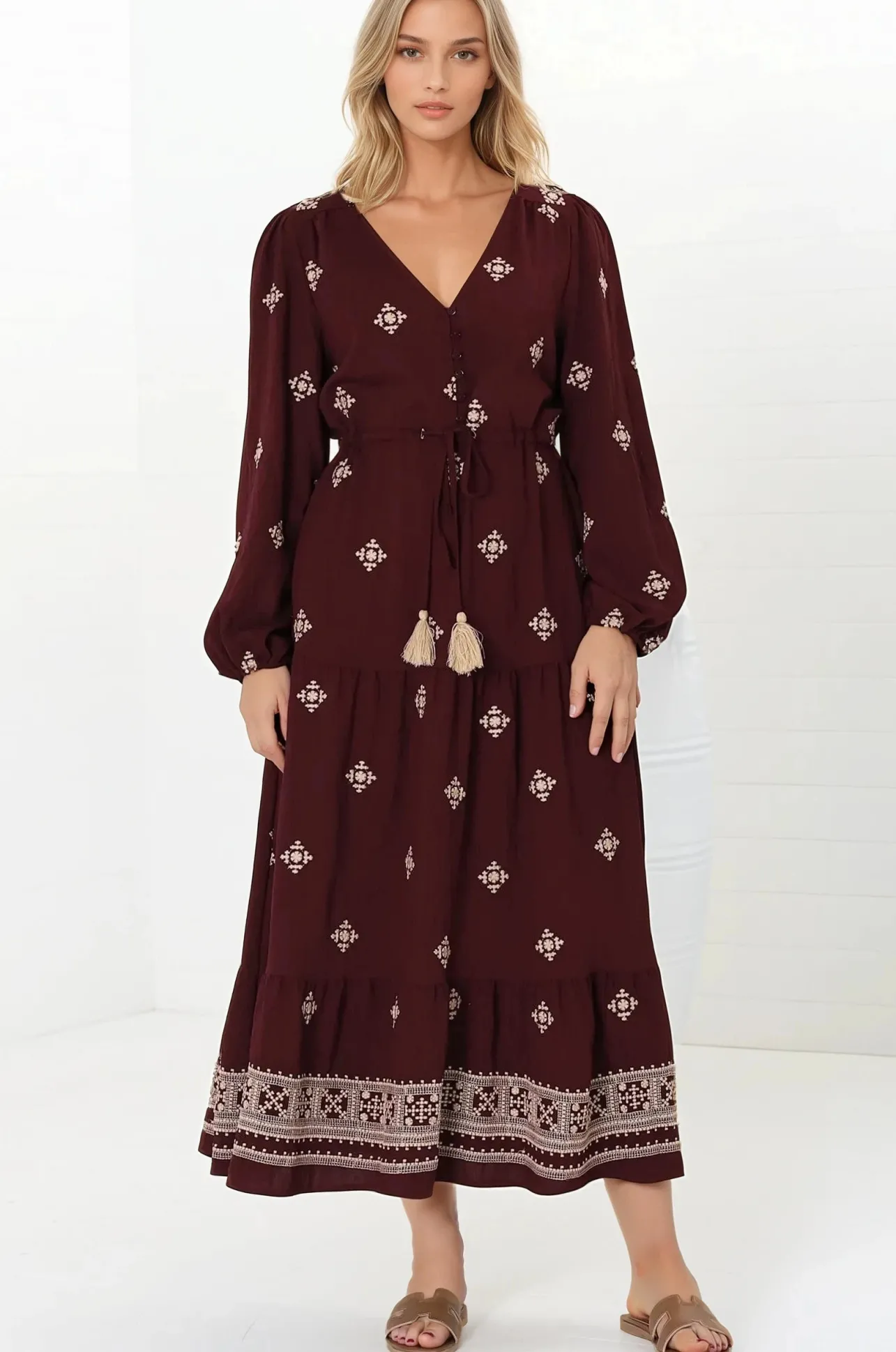Rylie Maxi Dress - Embroidered Long Sleeve Dress with Pull Tie Waist in Vesper Print Wine>Salty Crush Hot