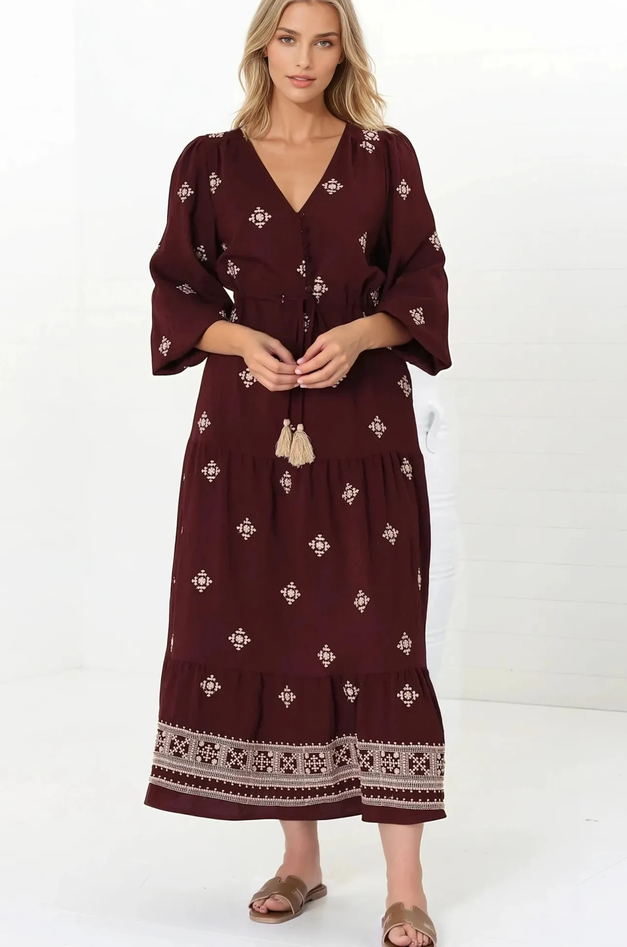 Rylie Maxi Dress - Embroidered Long Sleeve Dress with Pull Tie Waist in Vesper Print Wine>Salty Crush Hot