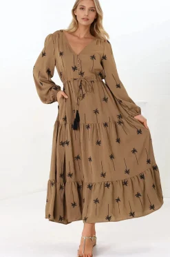 Rylie Maxi Dress - Embroidered Long Sleeve Dress with Pull Tie Waist in Palm Print Camel>Salty Crush New