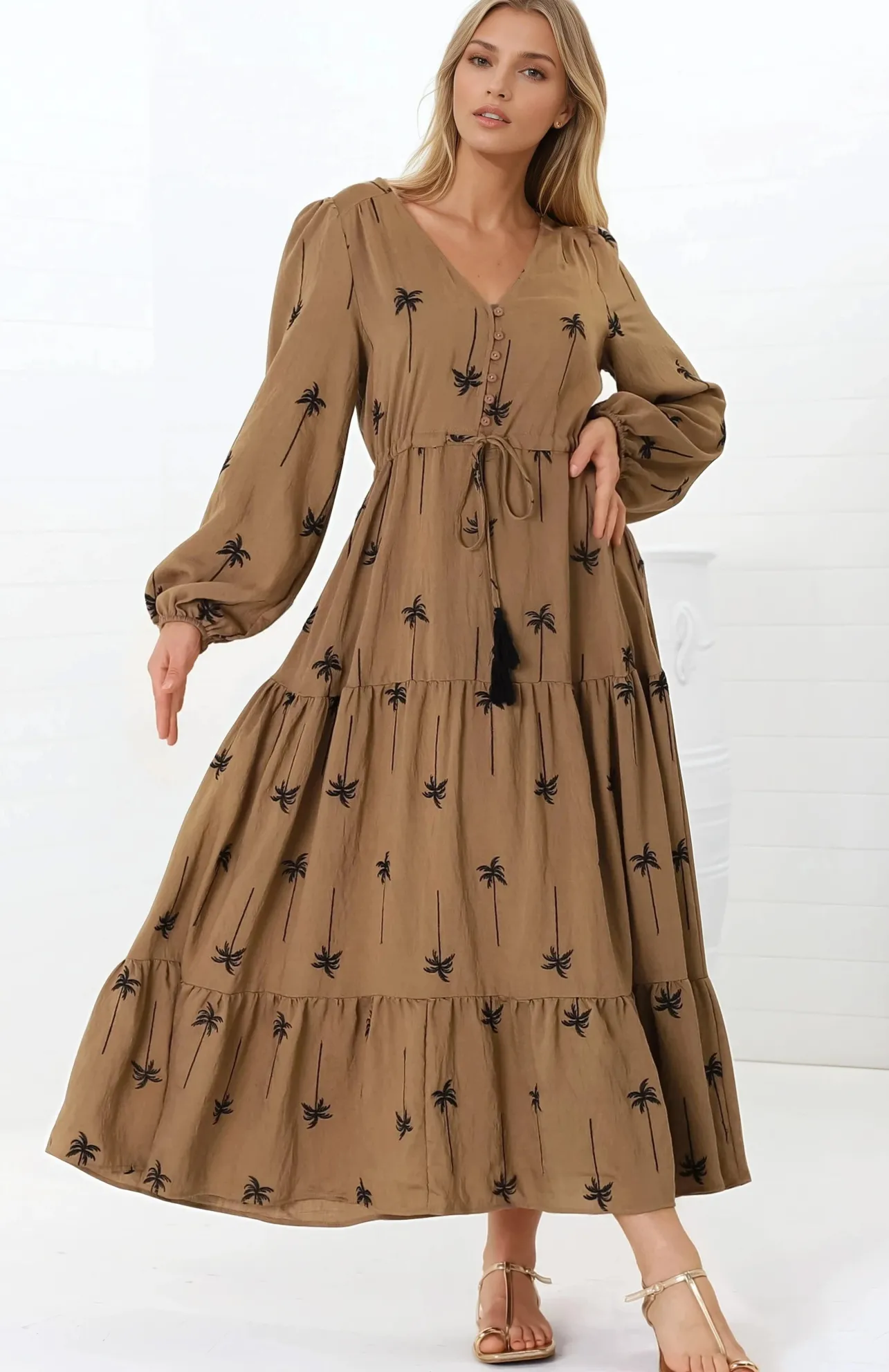 Rylie Maxi Dress - Embroidered Long Sleeve Dress with Pull Tie Waist in Palm Print Camel>Salty Crush New