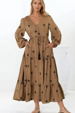 Rylie Maxi Dress - Embroidered Long Sleeve Dress with Pull Tie Waist in Palm Print Camel><noscript><img width=