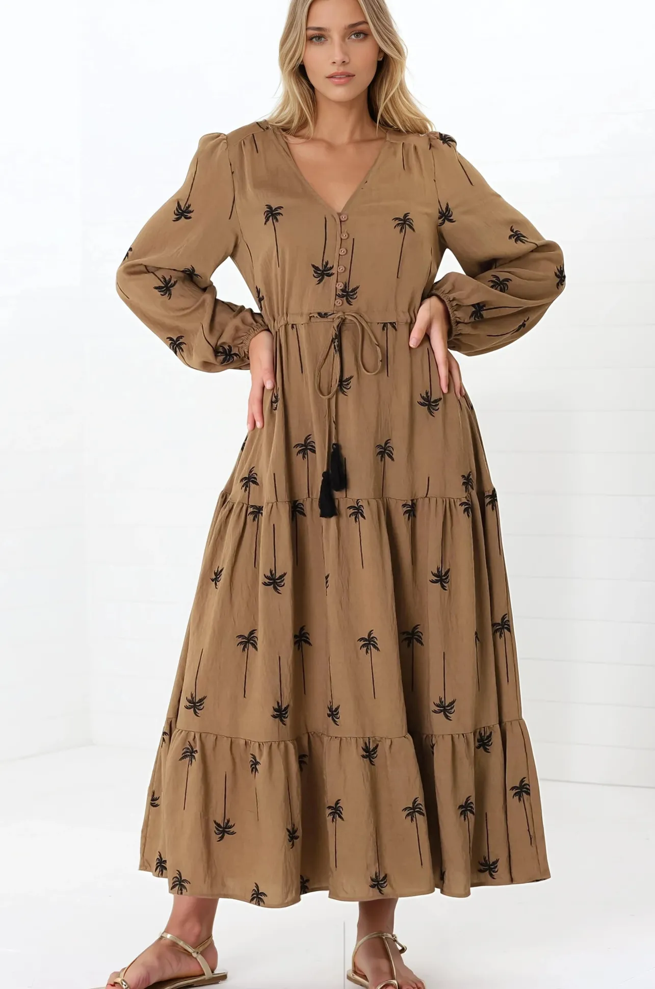 Rylie Maxi Dress - Embroidered Long Sleeve Dress with Pull Tie Waist in Palm Print Camel>Salty Crush New