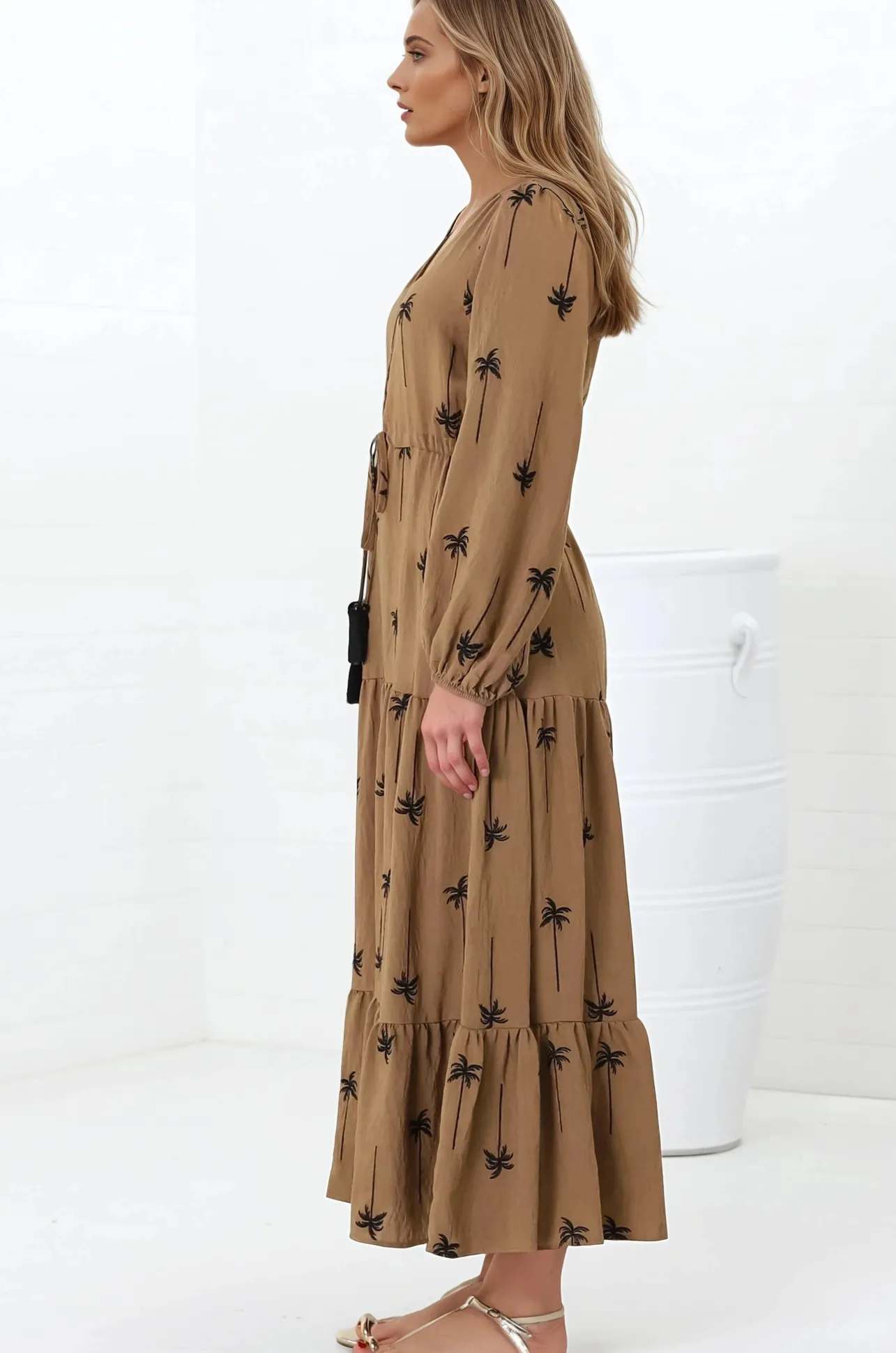 Rylie Maxi Dress - Embroidered Long Sleeve Dress with Pull Tie Waist in Palm Print Camel>Salty Crush New