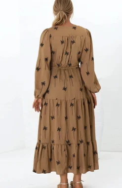 Rylie Maxi Dress - Embroidered Long Sleeve Dress with Pull Tie Waist in Palm Print Camel><noscript><img width=