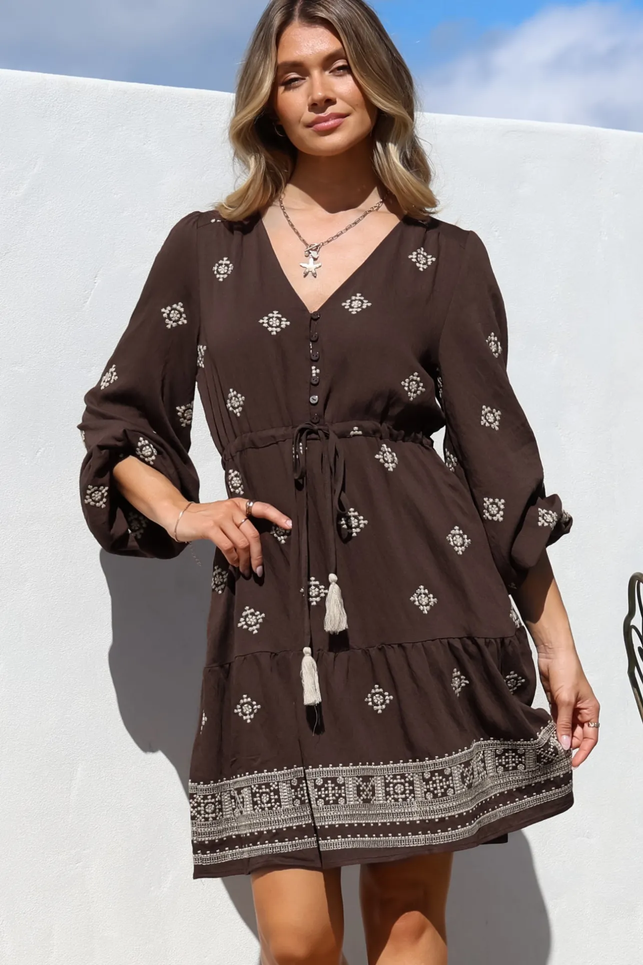 Rylie Mini Dress - Embroidered Long Sleeve Dress with Pull Tie Waist in Vesper Print Brown>Salty Crush Outlet