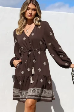 Rylie Mini Dress - Embroidered Long Sleeve Dress with Pull Tie Waist in Vesper Print Brown><noscript><img width=