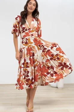 Sammy Midi Dress - V-Neck Buttoned Down with Bell Sleeves in Tangie Print>Salty Crush Sale