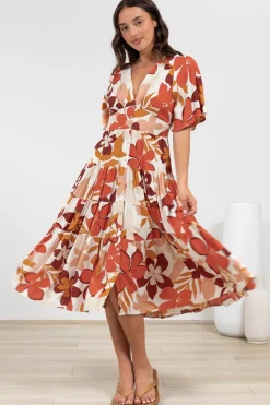Sammy Midi Dress - V-Neck Buttoned Down with Bell Sleeves in Tangie Print><noscript><img width=