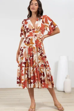 Sammy Midi Dress - V-Neck Buttoned Down with Bell Sleeves in Tangie Print><noscript><img width=