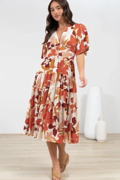 Sammy Midi Dress - V-Neck Buttoned Down with Bell Sleeves in Tangie Print><noscript><img width=