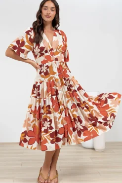 Sammy Midi Dress - V-Neck Buttoned Down with Bell Sleeves in Tangie Print><noscript><img width=