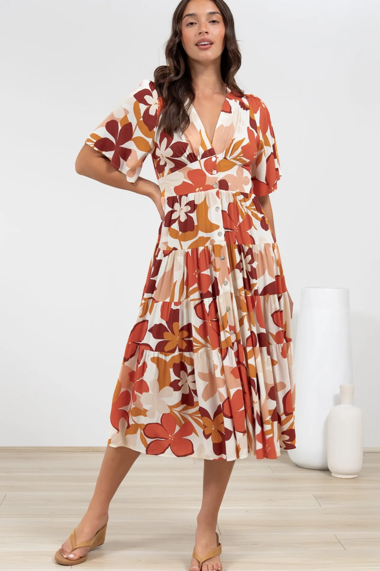 Sammy Midi Dress - V-Neck Buttoned Down with Bell Sleeves in Tangie Print>Salty Crush Sale