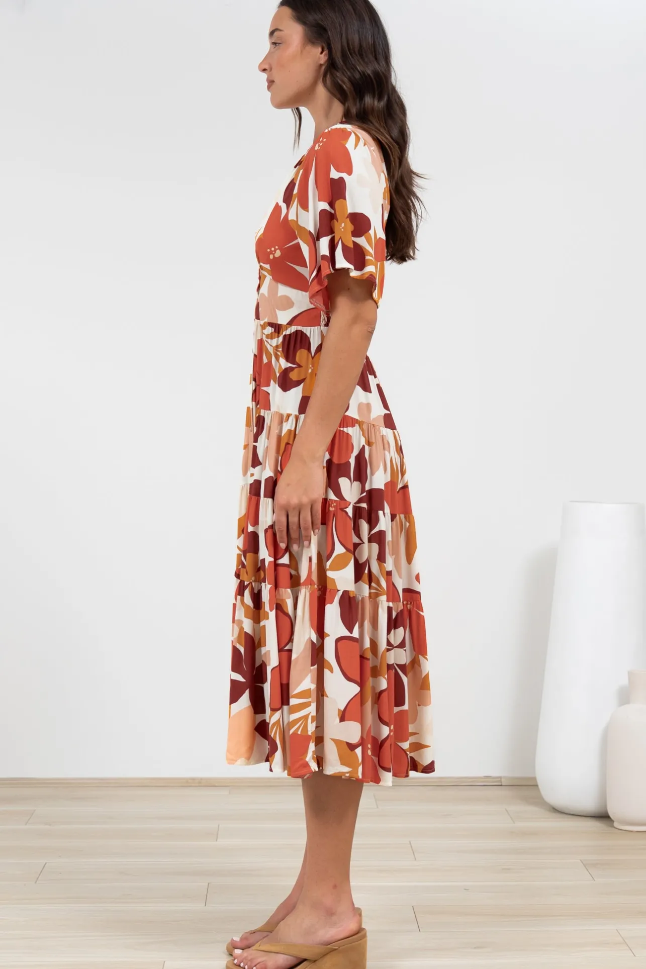 Sammy Midi Dress - V-Neck Buttoned Down with Bell Sleeves in Tangie Print>Salty Crush Sale