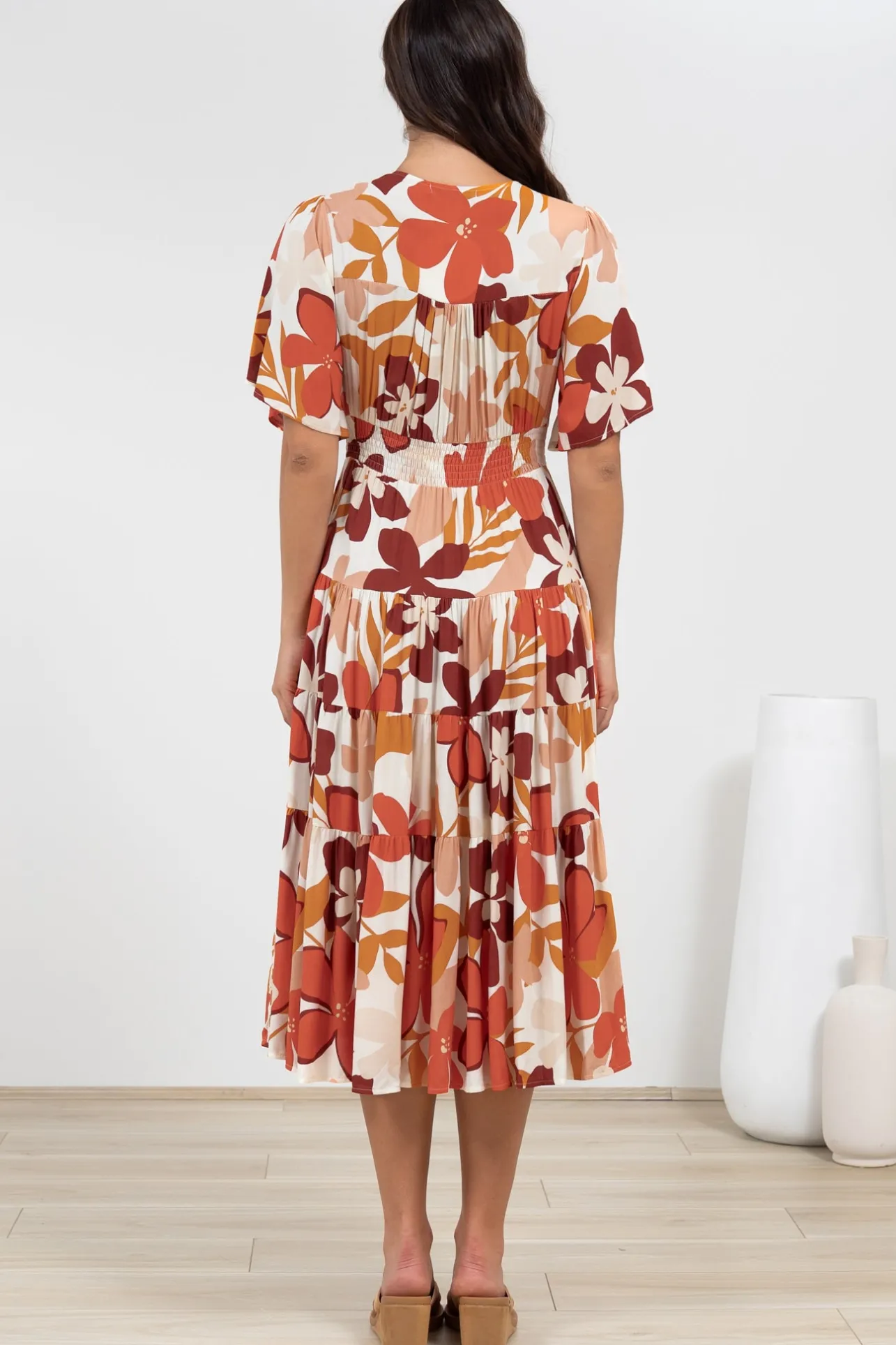 Sammy Midi Dress - V-Neck Buttoned Down with Bell Sleeves in Tangie Print>Salty Crush Sale