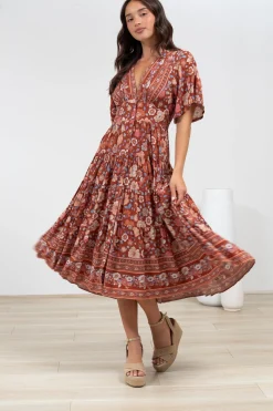 Sammy Midi Dress - V-Neck Buttoned Down with Bell Sleeves in Anissa Print Rust>Salty Crush Online