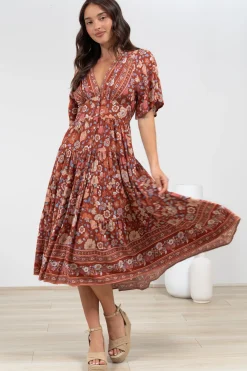Sammy Midi Dress - V-Neck Buttoned Down with Bell Sleeves in Anissa Print Rust><noscript><img width=