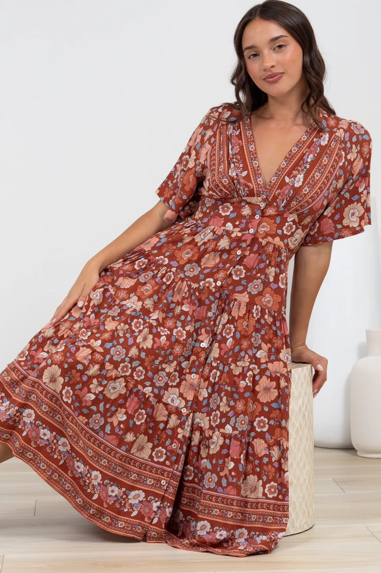 Sammy Midi Dress - V-Neck Buttoned Down with Bell Sleeves in Anissa Print Rust>Salty Crush Online