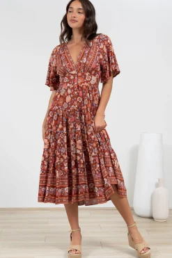 Sammy Midi Dress - V-Neck Buttoned Down with Bell Sleeves in Anissa Print Rust><noscript><img width=
