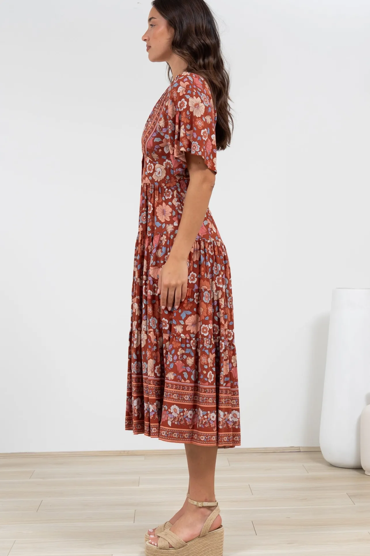 Sammy Midi Dress - V-Neck Buttoned Down with Bell Sleeves in Anissa Print Rust>Salty Crush Online