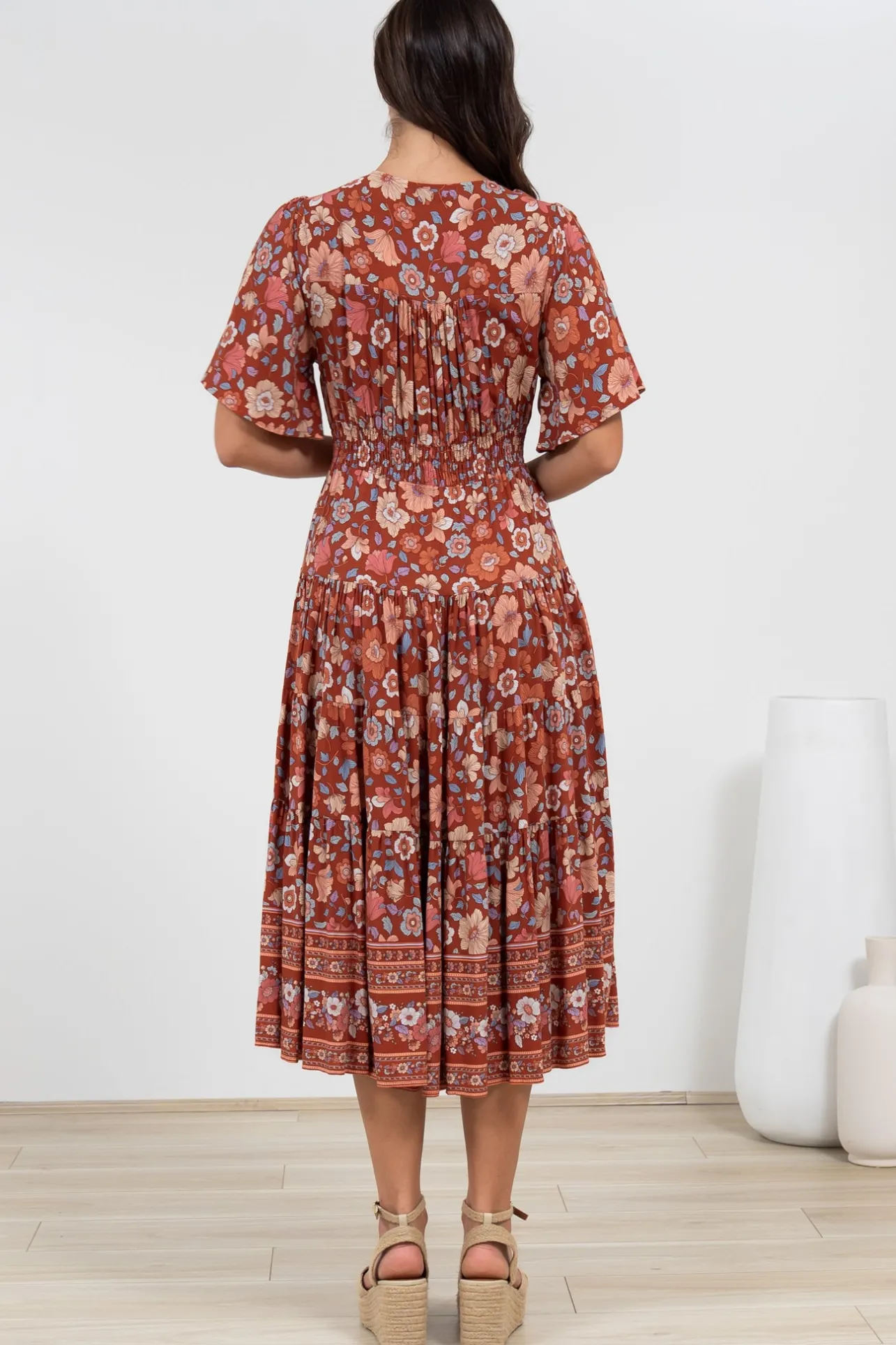 Sammy Midi Dress - V-Neck Buttoned Down with Bell Sleeves in Anissa Print Rust>Salty Crush Online
