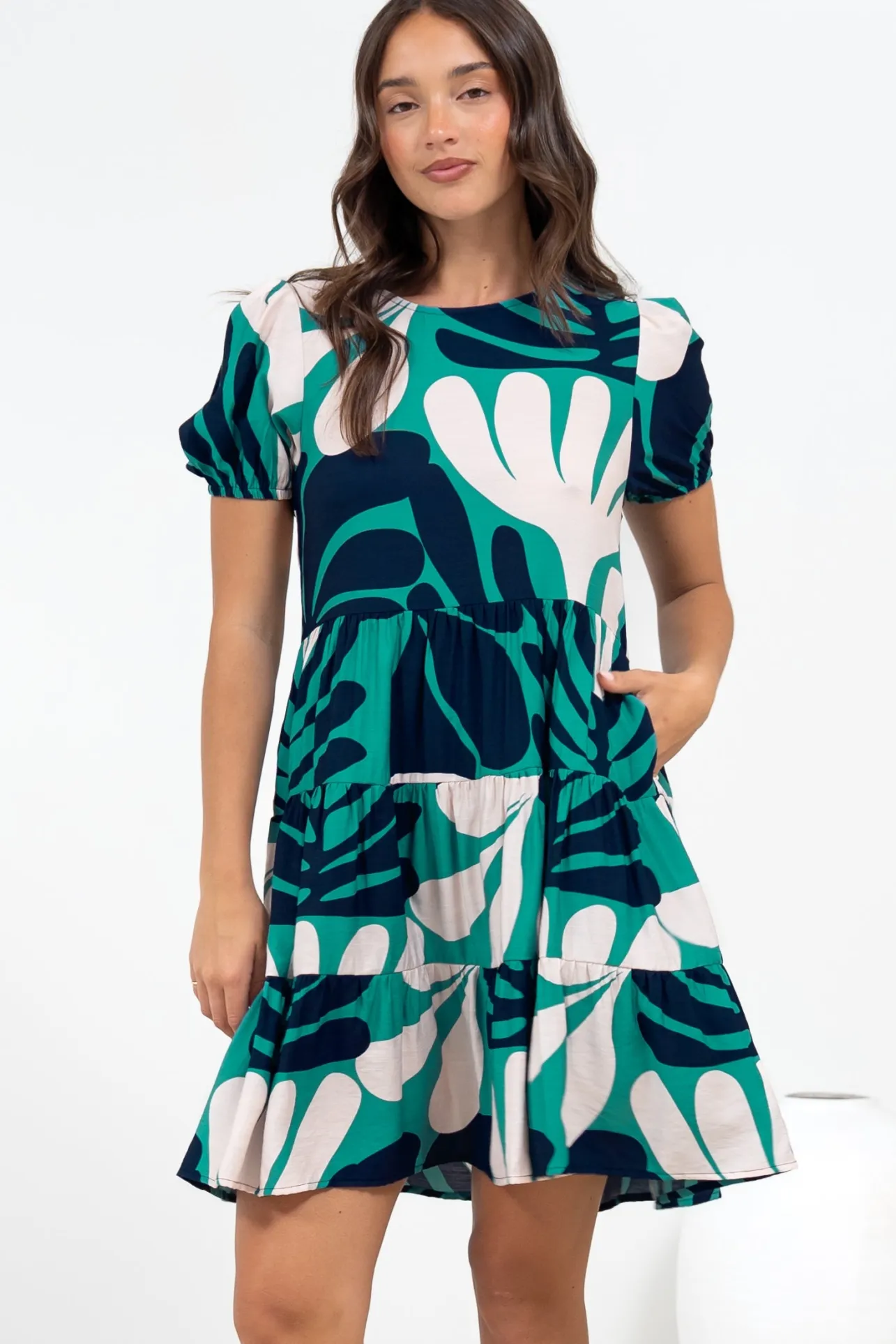Samson Mini Dress - Crew Neck Tiered Dress with Short Sleeves in Mystic Print>Salty Crush Clearance
