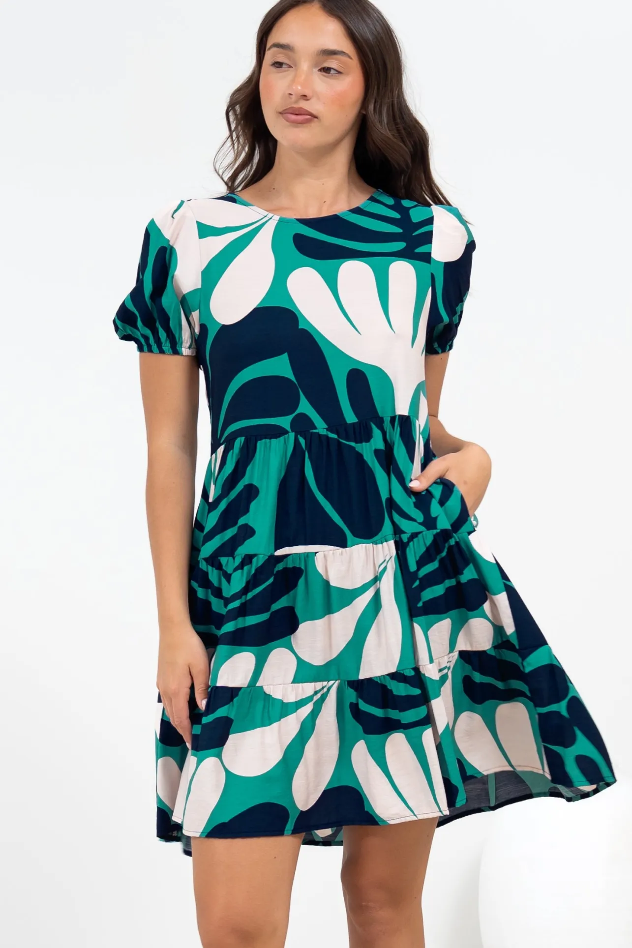 Samson Mini Dress - Crew Neck Tiered Dress with Short Sleeves in Mystic Print>Salty Crush Clearance