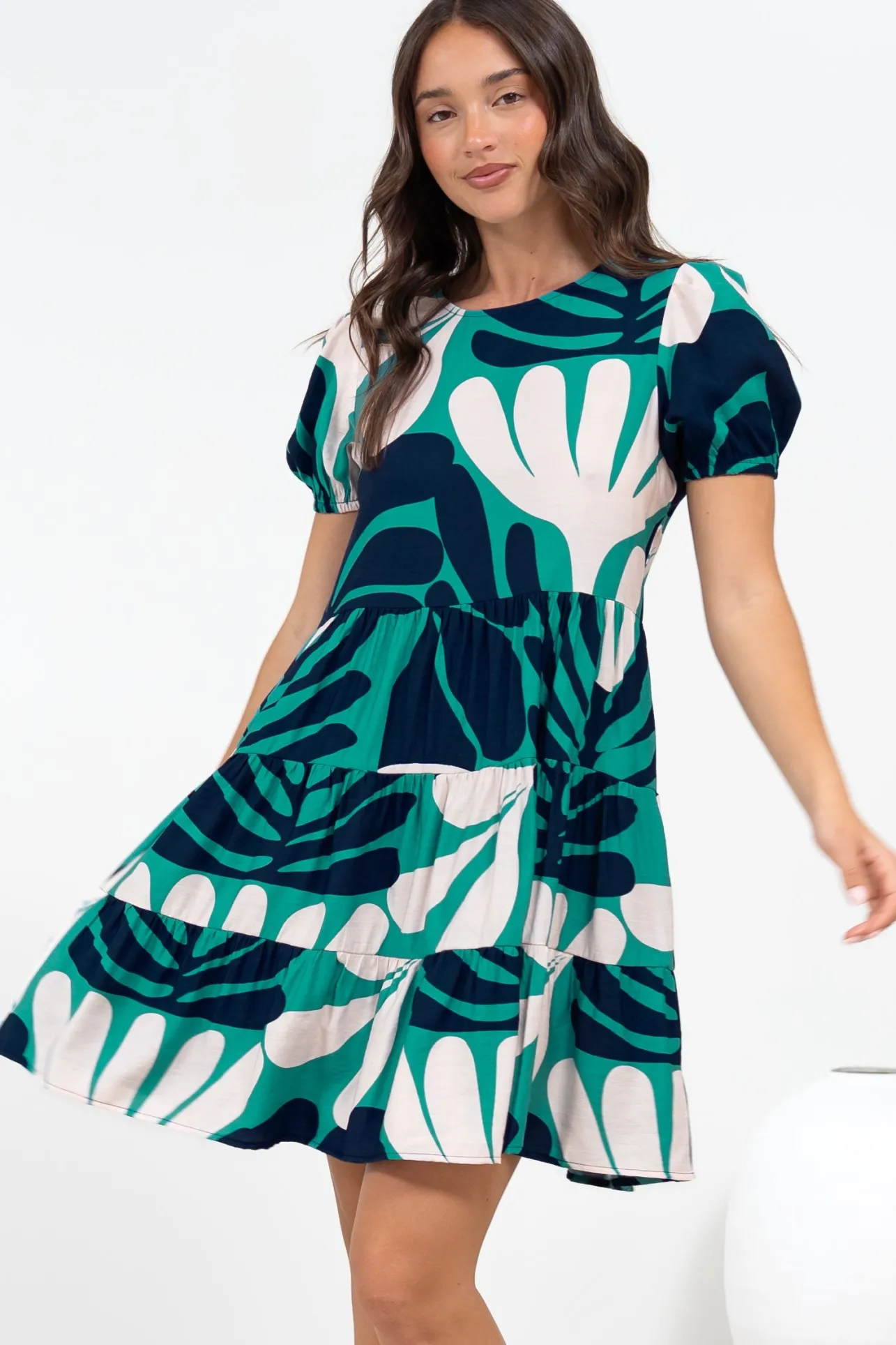 Samson Mini Dress - Crew Neck Tiered Dress with Short Sleeves in Mystic Print>Salty Crush Clearance